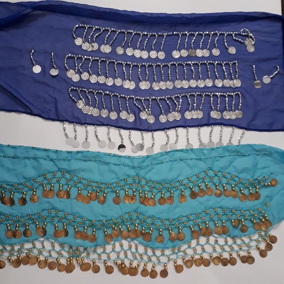 Two Blue Belly Dancing Sash/Hip Scarves - Picture 1 of 6